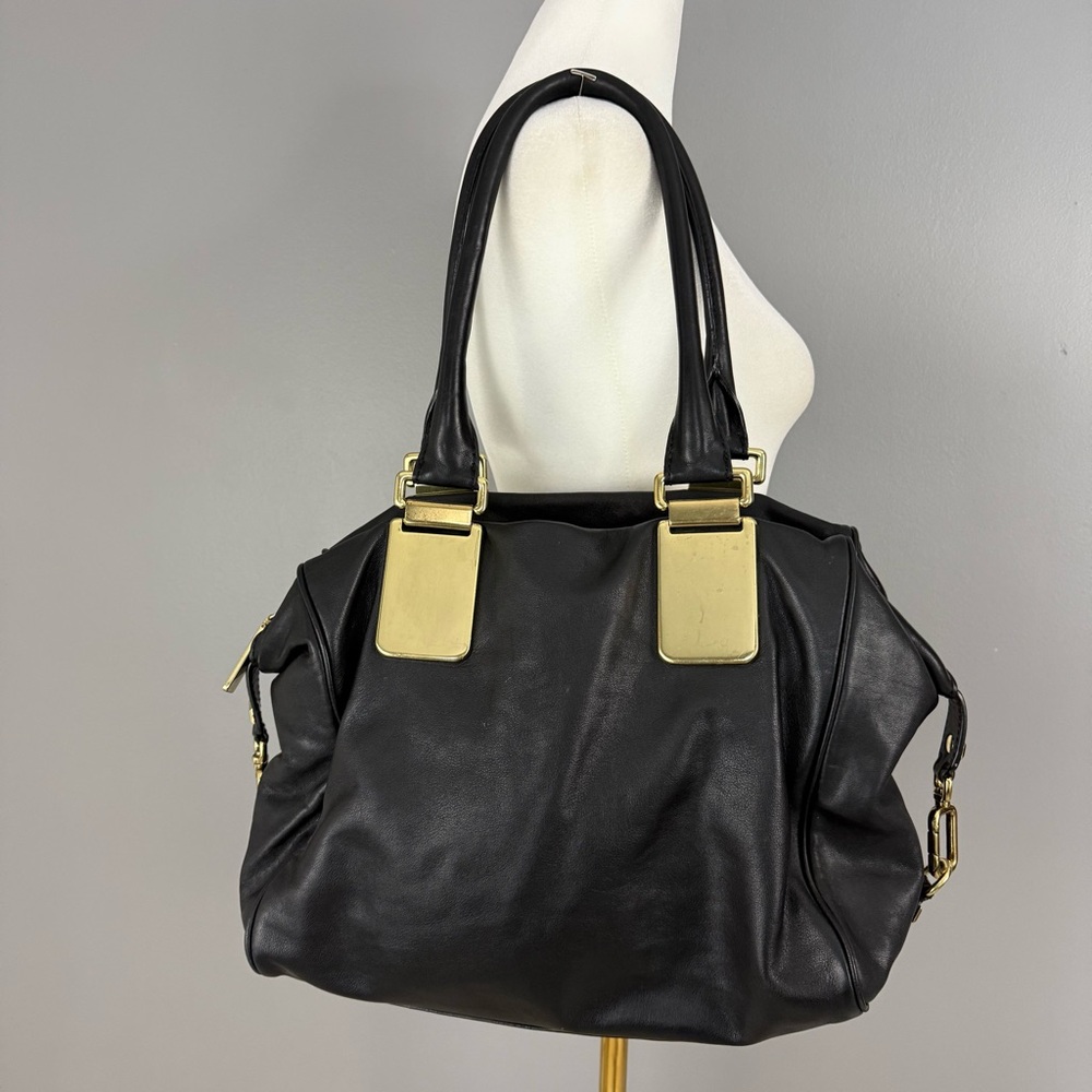 Banana Republic Black Leather Slouchy Tote Bag Satchel Purse Gold Hardware